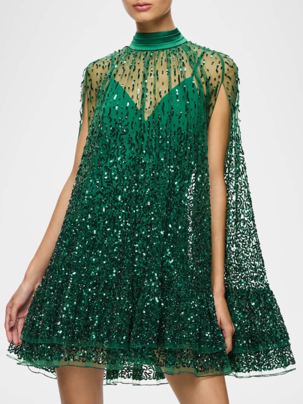 Alice + Olivia ZENON Forest Green Sequin Embellished Cape Mini Dress - Size 2
